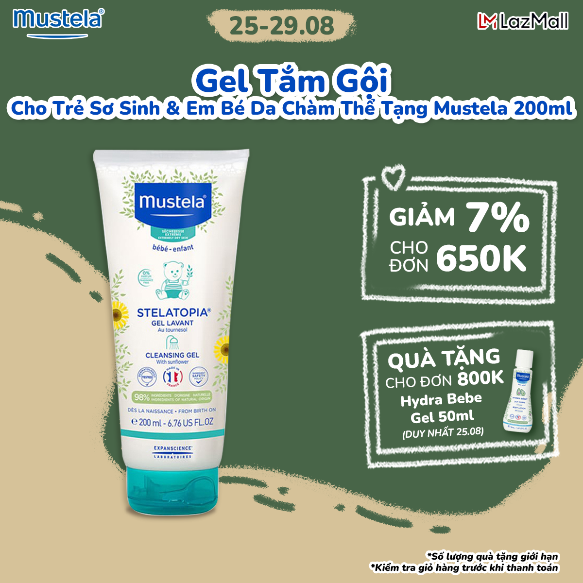 Sản Phẩm Tắm gội Cho Trẻ Sơ Sinh & Trẻ Em Da Chàm Mustela 200ml (date 6.2025)