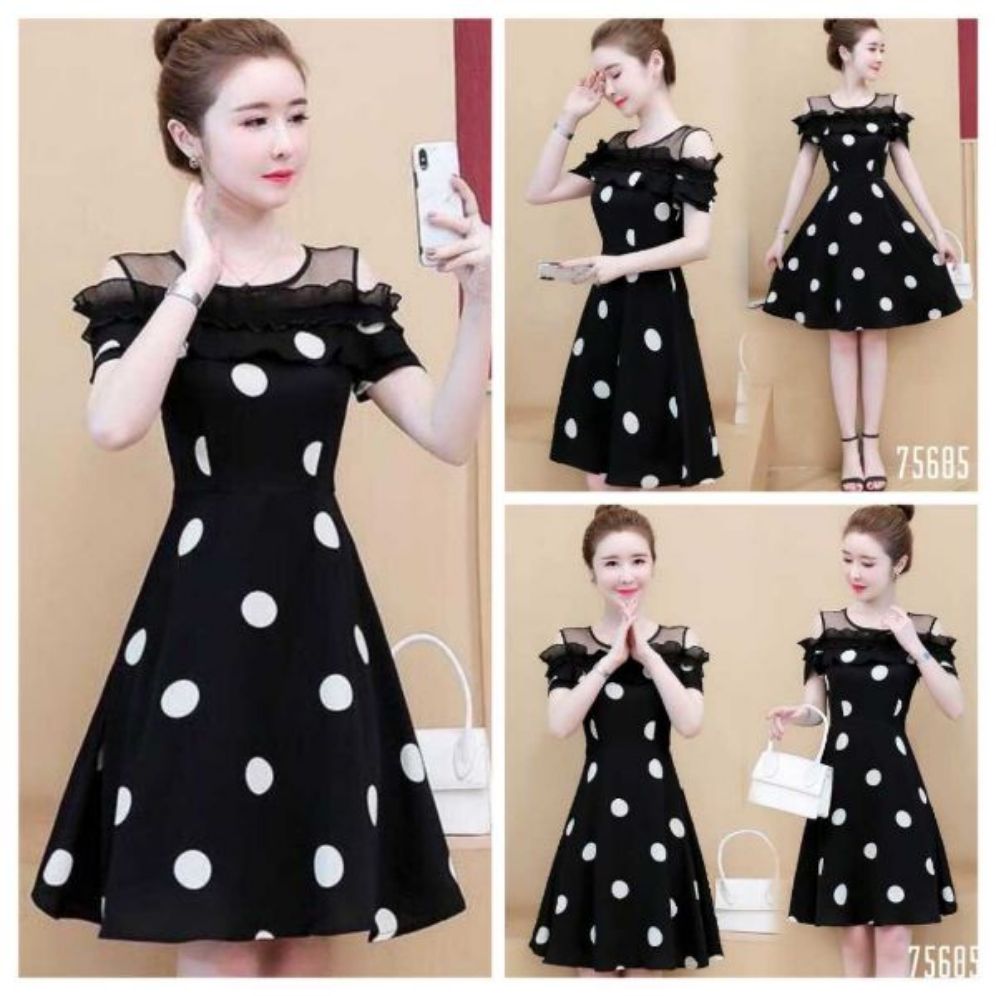 ĐẦM XÒE CHẤM BI HỞ VAI SANG TRỌNG VÁY ĐẦM DẠ HỘI DỰ TIỆC CÔNG SỞ DẠO PHỐ