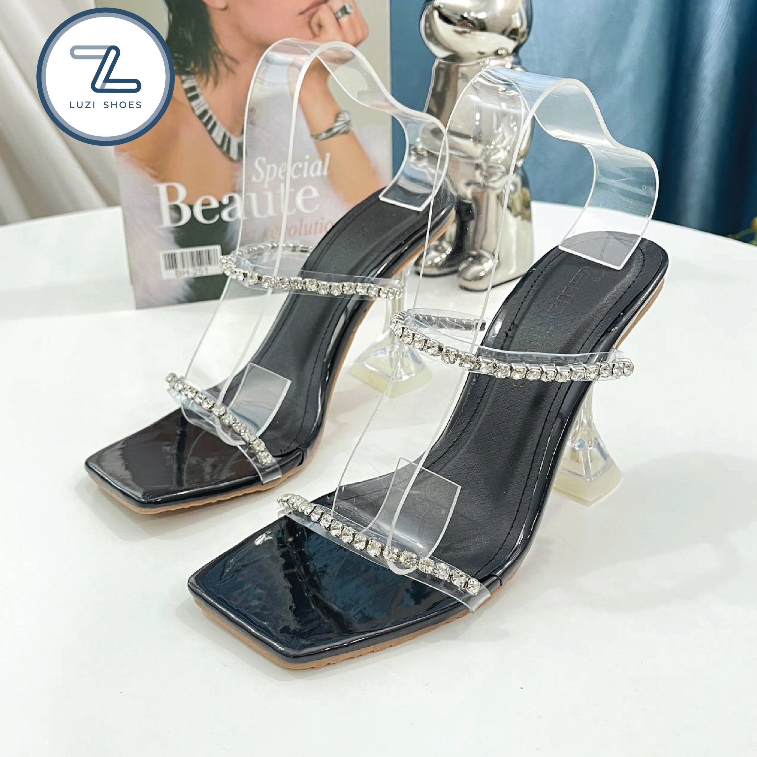 Guốc cao gót nữ 2 dây mica đính đá gót ly cao 9p, giày cao gót nữ 2 quai ngang đính đá sang chảnh đi tiệc cao 9p kiểu mới 2022 luzi shoes