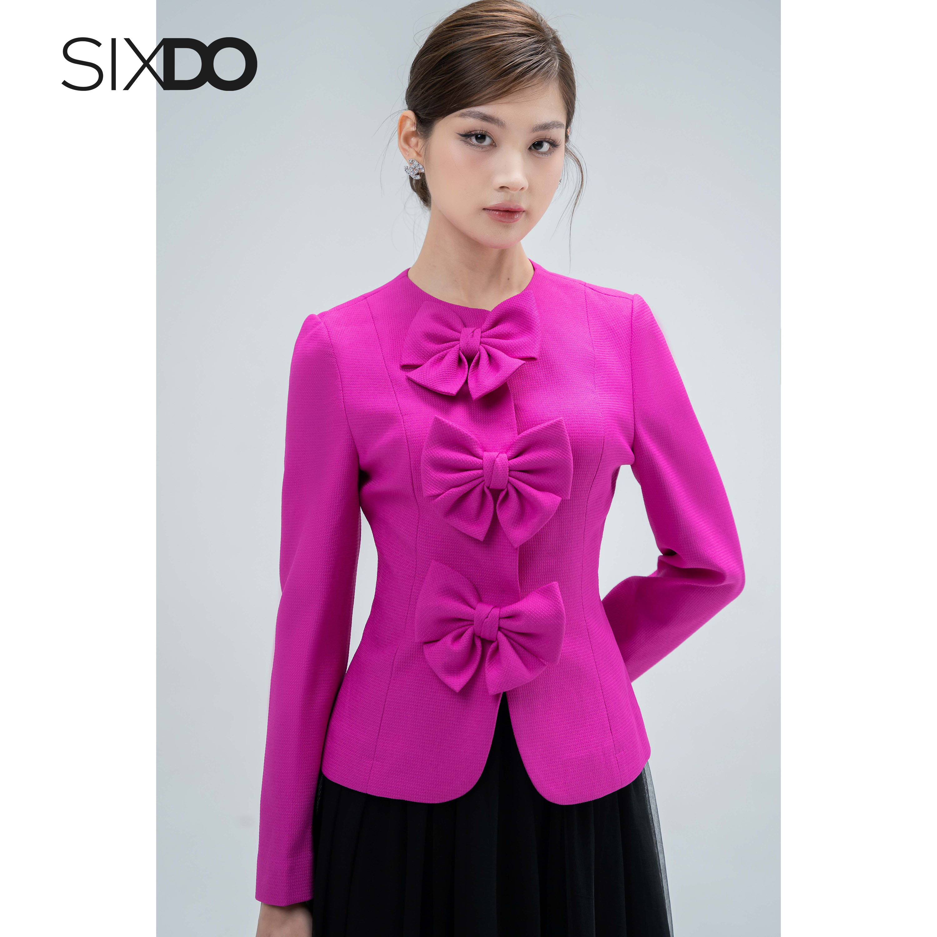 Áo vest nữ hồng dài tay phối nơ sixdo