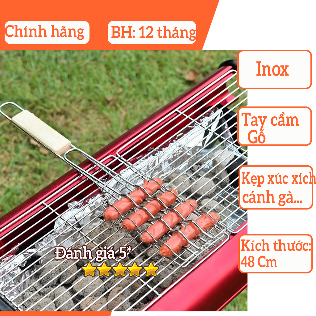 Vỉ nướng xúc xích Vỉ nướng thịt inox tay cầm gỗ chống nóng