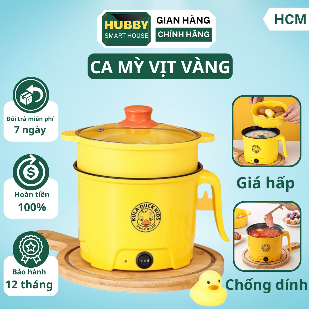 Nồi lẩu điện mini đa năng, Ca nấu mì đa năng mini 1.8L hình con Vịt Vàng