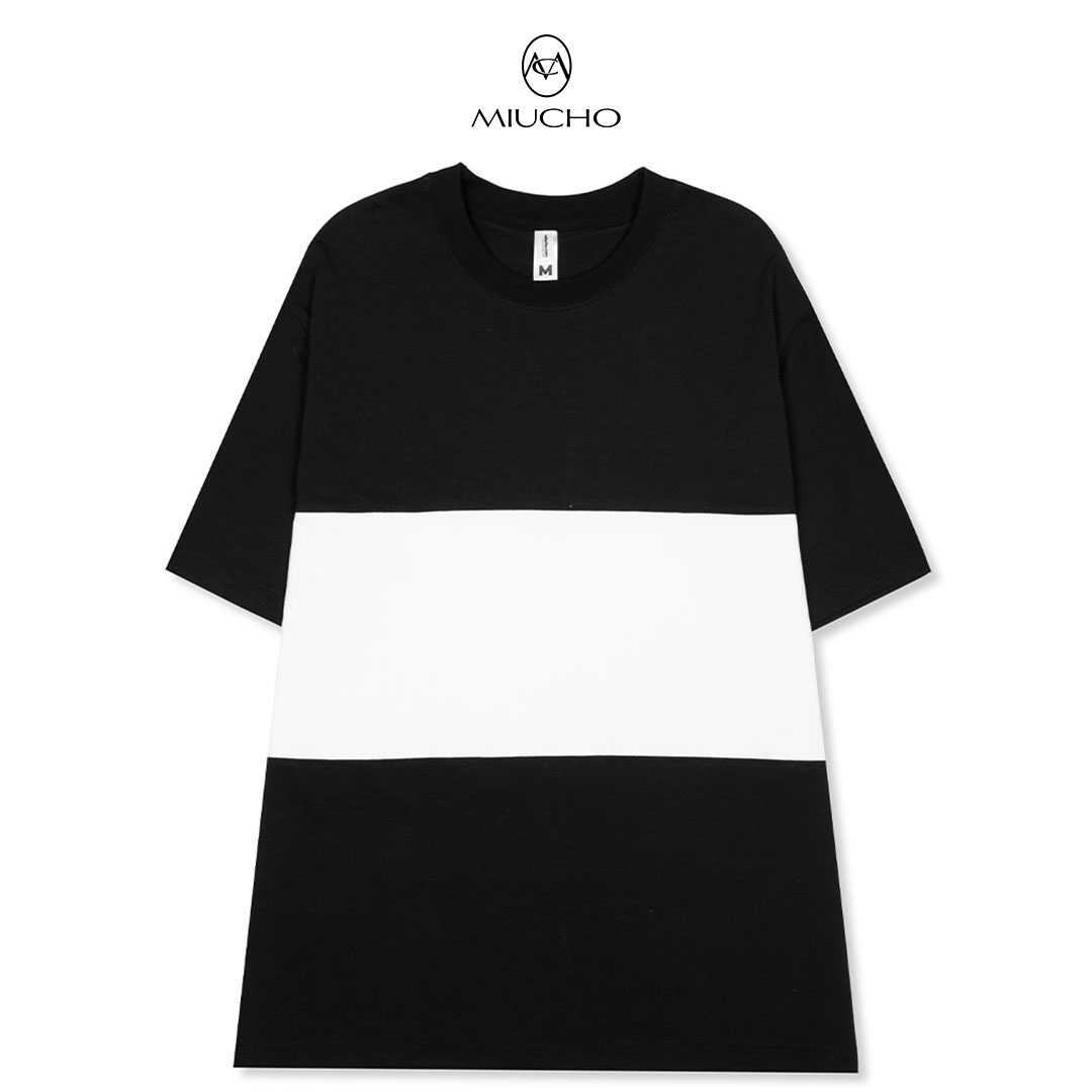 Áo thun form rộng phối ngang ATPNT01 Miucho vải cotton cổ tròn in basic
