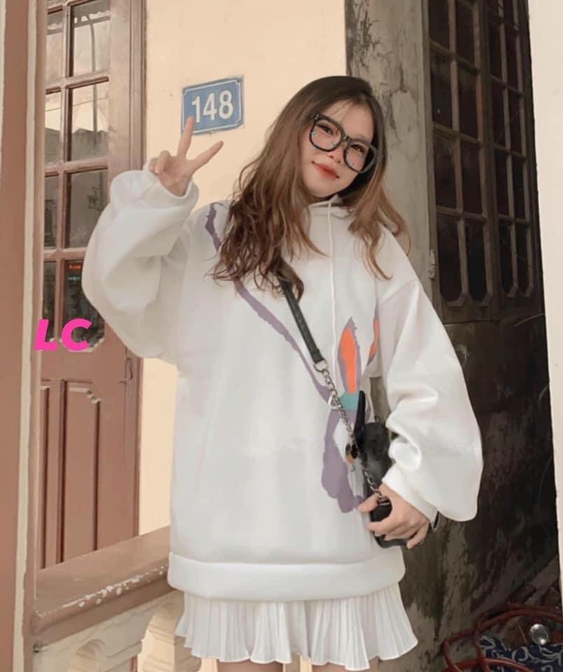 Áo Hoodie Thun Nỉ Ngoại Nữ, Form Rộng in Túi Đeo Tai Thỏ Siêu Dễ Thương .TP