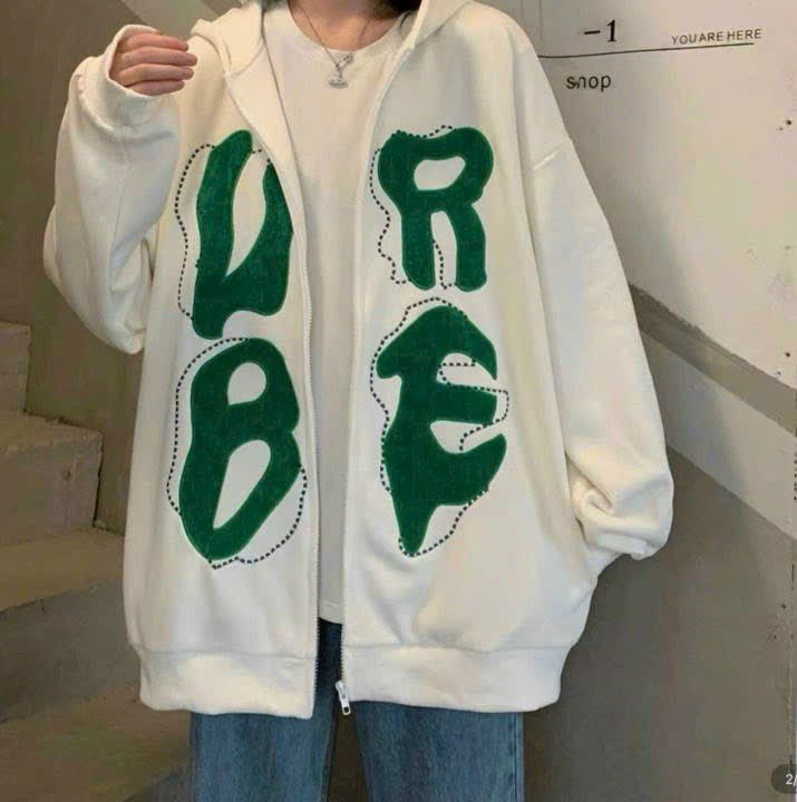 Áo hoodie tay phồng thêu chữ style Hàn Quốc, áo khoác thun nỉ có mũ dây kéo