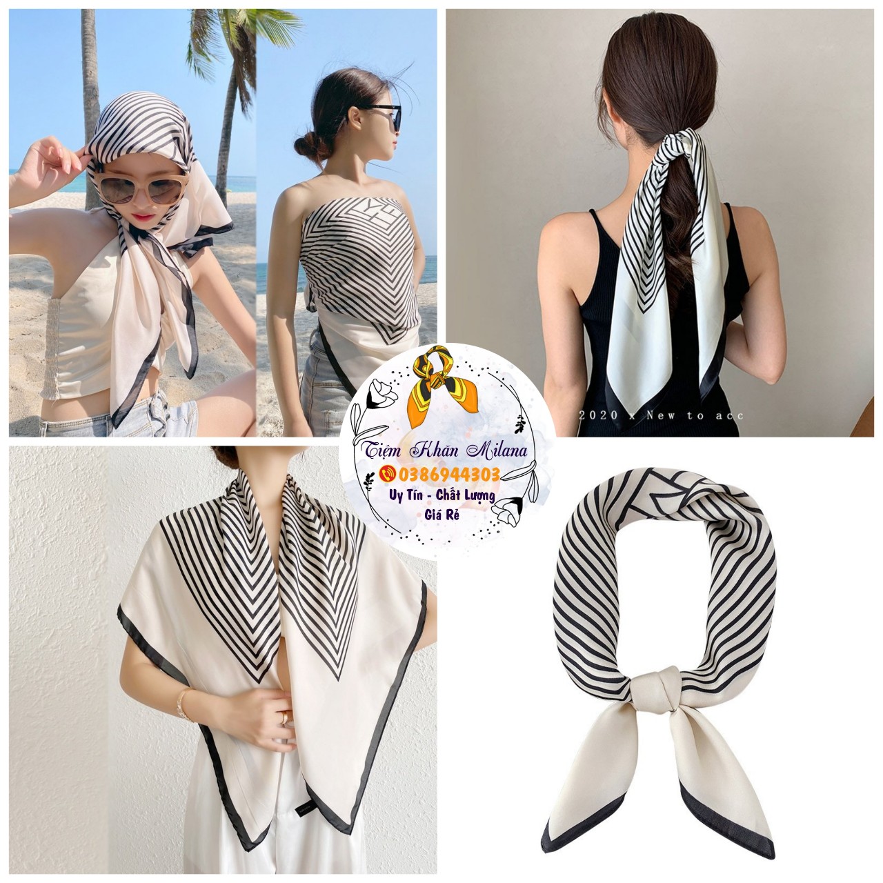 Khăn Bandana vuông kẻ sọc đen trắng size 70x70cm, Khăn choàng chống nắng, đi biển Milana 2022