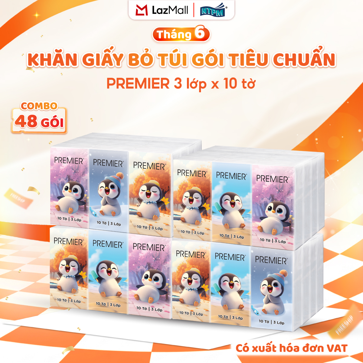 [COMBO 4 LỐC] Khăn giấy bỏ túi đa năng PREMIER VinaTissue, 3 lớp - 100% bột giấy nguyên sinh, không chất tẩy, 12 gói/lốc – Chính hãng
