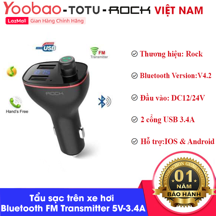 Tẩu sạc trên xe hơi Rock B300 Bluetooth FM Transmitter RAU0621 5V - 3.4A, 2 cổng USB tích hợp nghe nhạc MP3 bluetooth 4.2, bộ phát FM đàm thoại rảnh tay