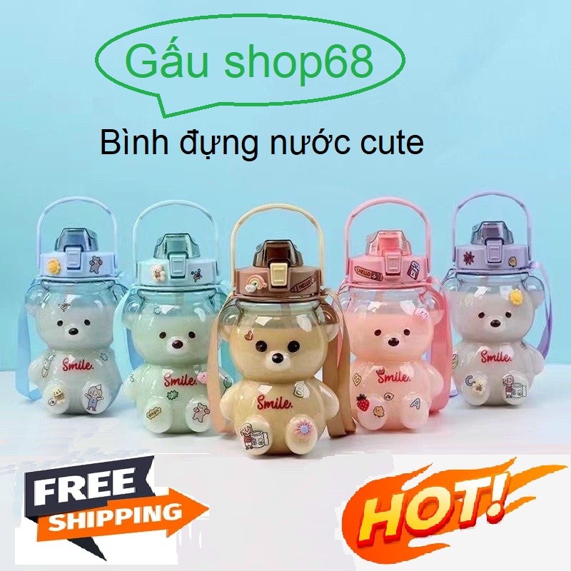 BÌNH ĐỰNG NƯỚC GẤU CUTE 1100ML , CÓ DÂY ĐEO - MÀU NGẪU NHIÊN,BÌNH ĐỰNG NƯỚC MINI