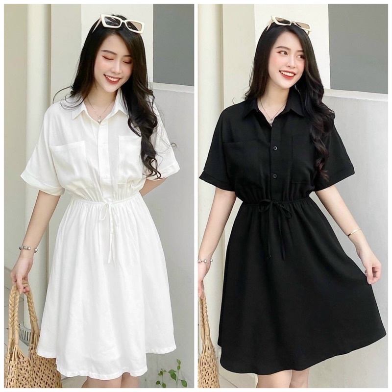 Đầm sơ mi thun eo 2 màu