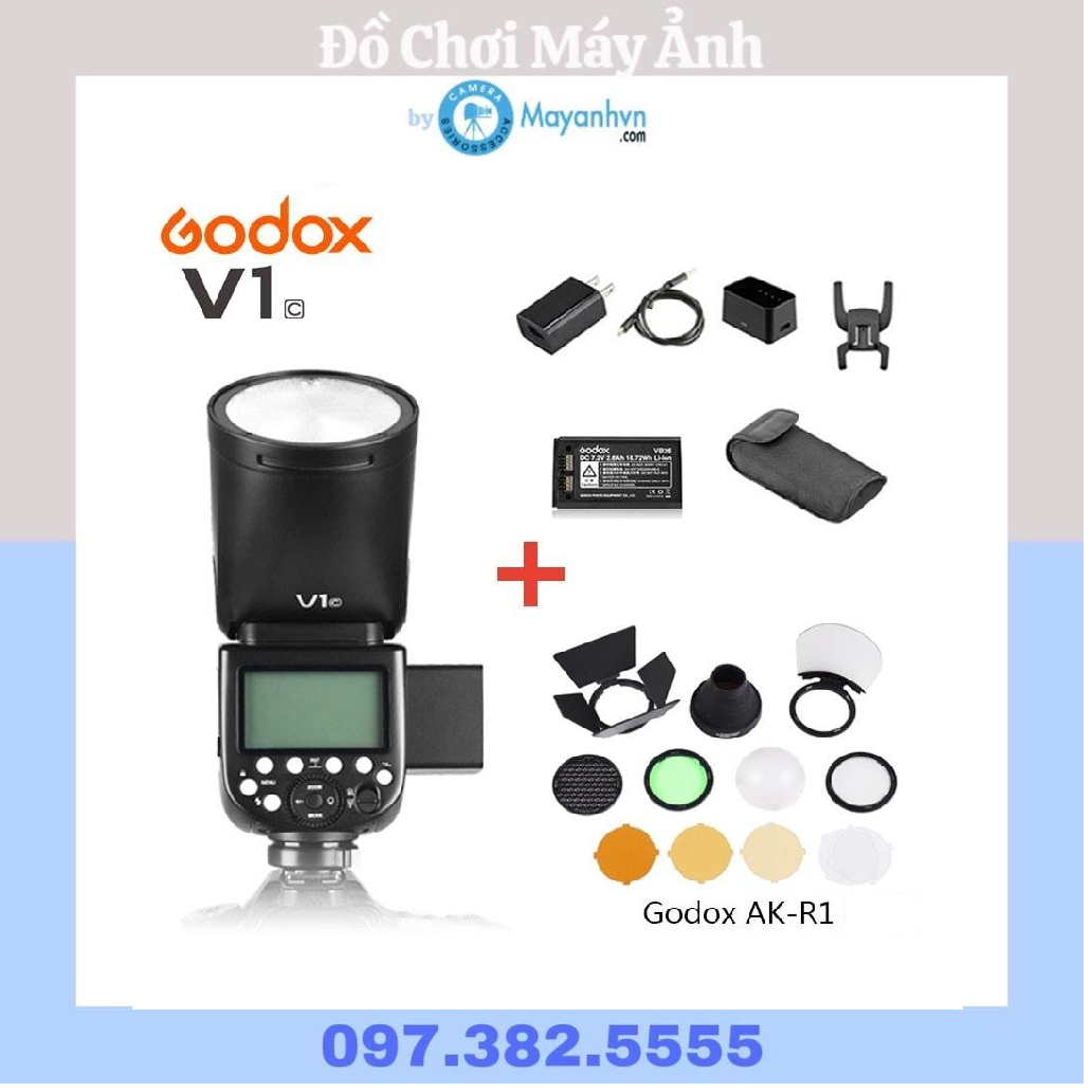 Đèn flash đầu tròn godox v1 cho canon - kèm bộ tản sáng ak-r1