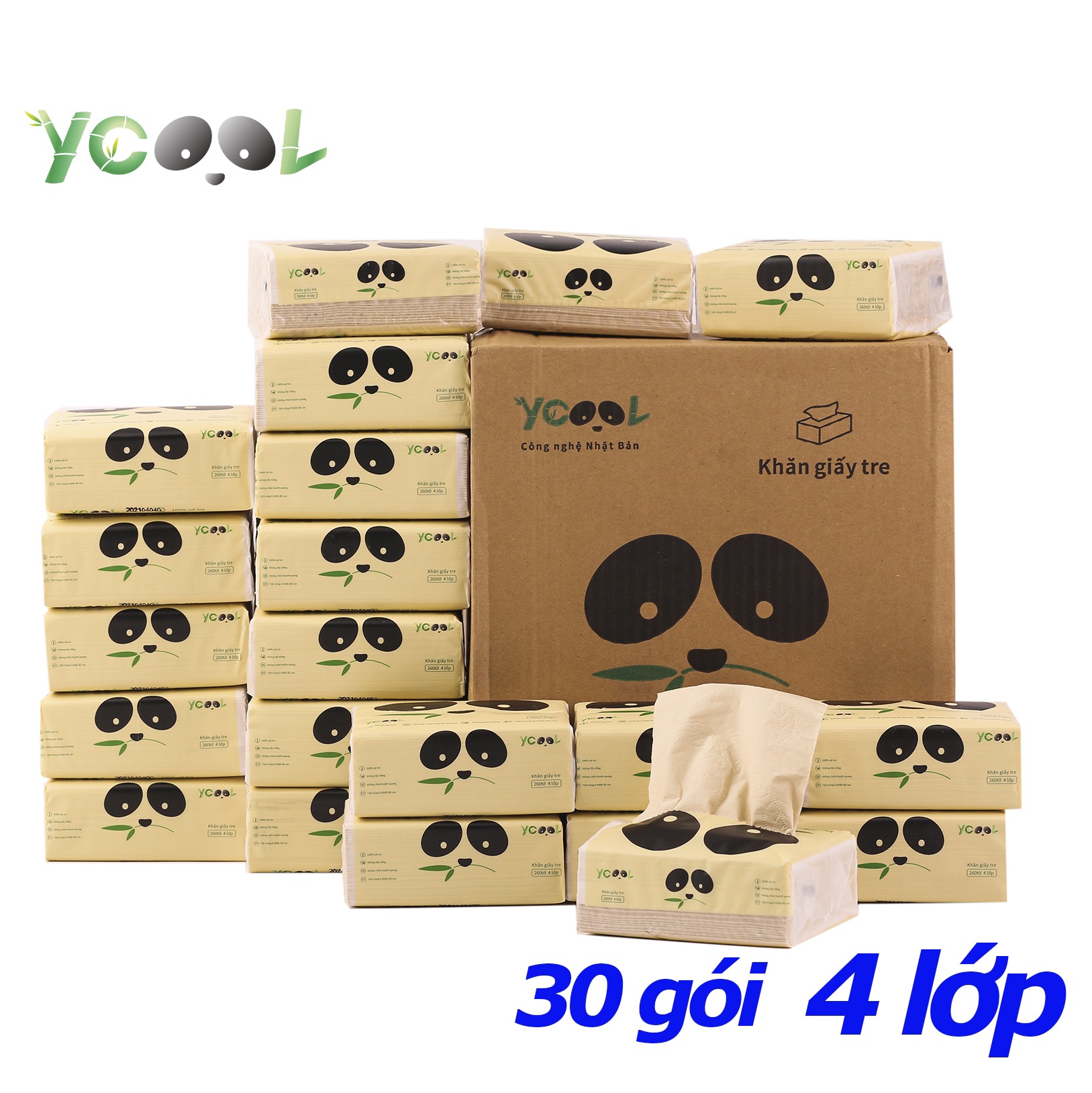 Thùng 30 gói Giấy ăn gấu trúc khăn giấy tre YCOOL dai mềm mịn 260 tờ/ 4 lớp