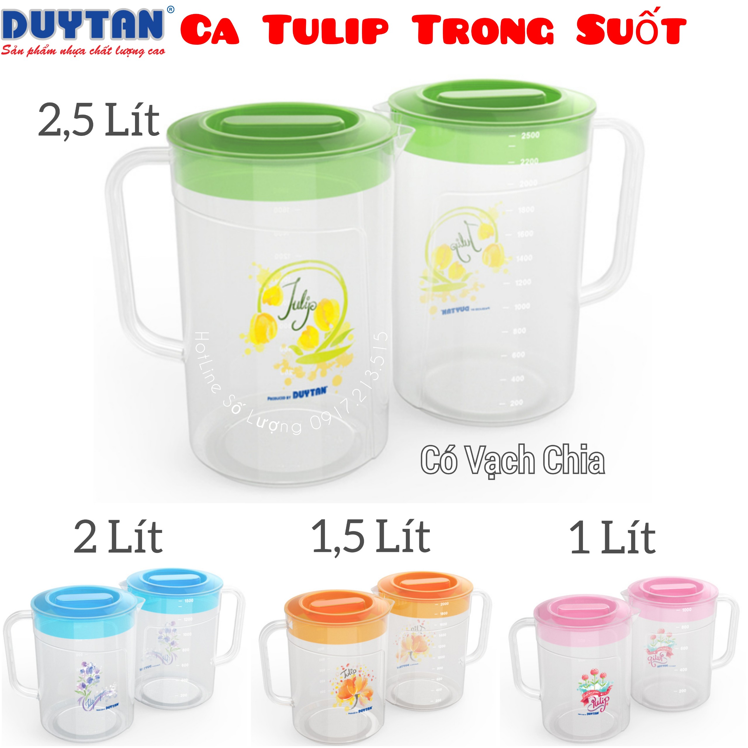 Ca nhựa trong Tulip Duy Tân 1 Lít/ 1.5 Lít/ 2 Lít/ 2.5 Lít - Nhựa Trong Suốt, Có Vạch Chia