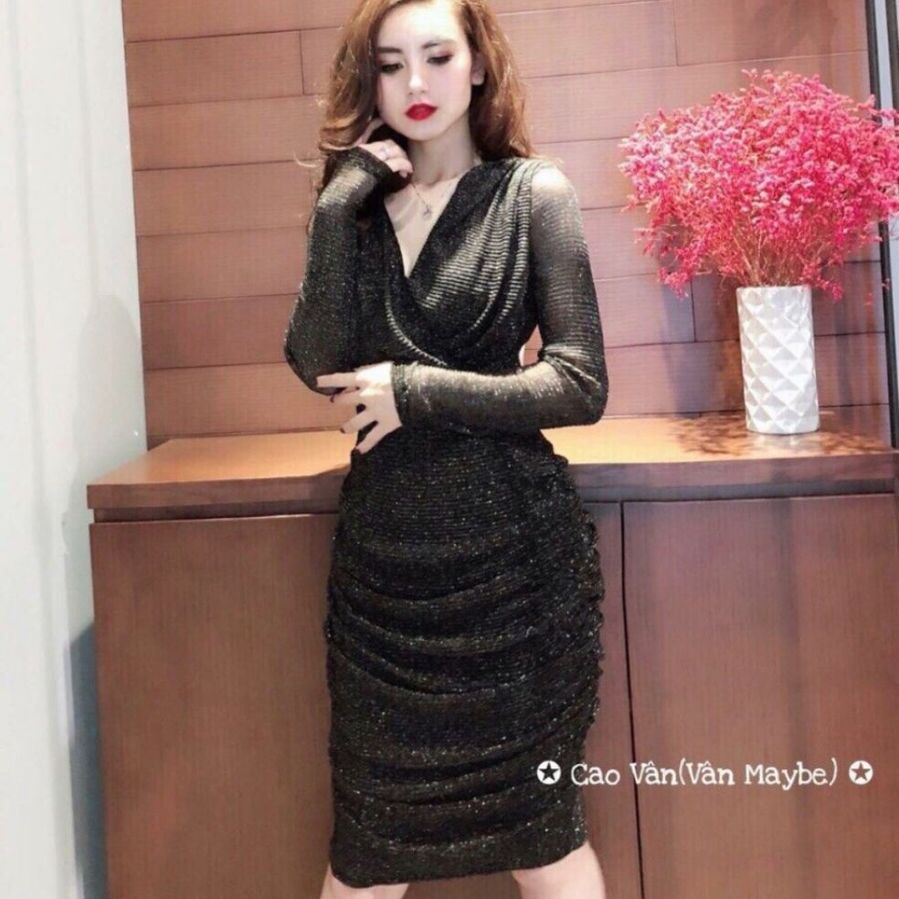 Đầm body nhũ kim tuyến nhúng thân tay dài cổ V đắp chéo Hàng Thiết Kế