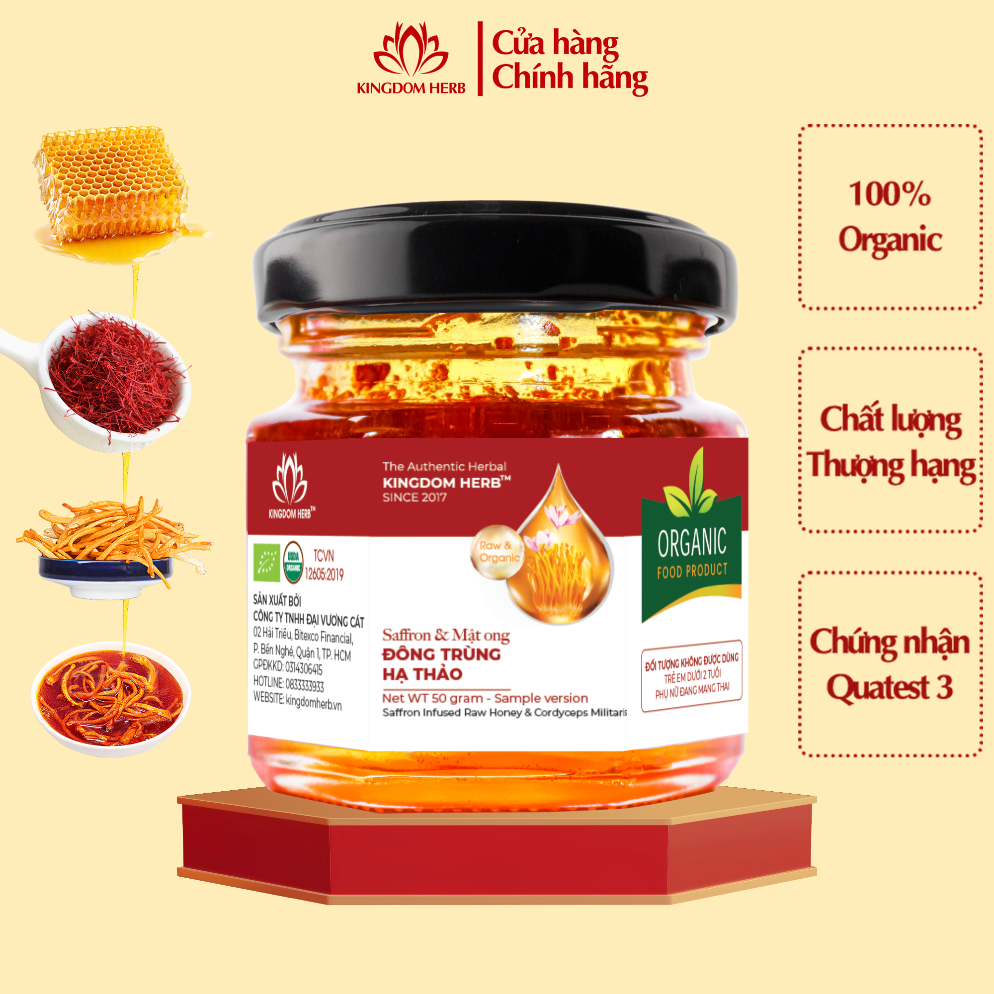 Saffron ngâm mật ong đông trùng hạ thảo Kingdom Herb chính hãng hộp 50g, nhụy hoa nghệ tây mật ong đông trùng hạ thảo thượng hạng