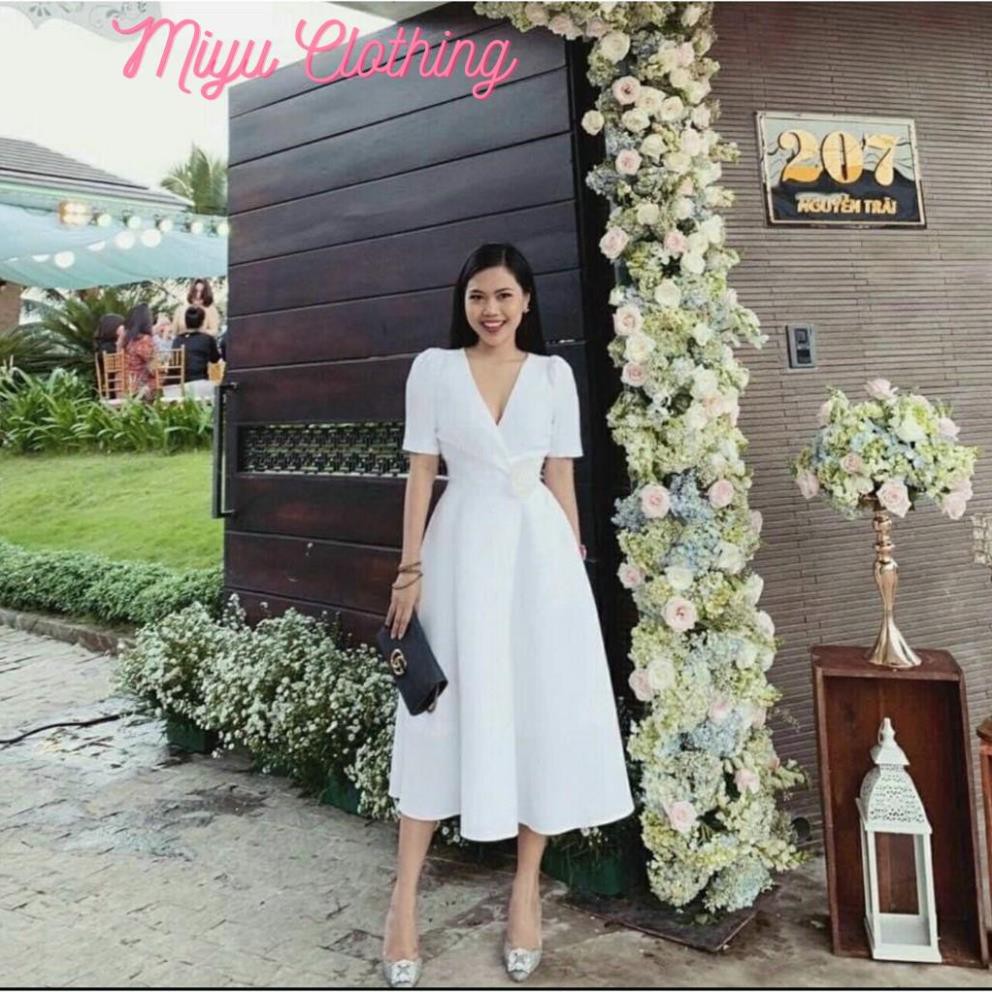 Đầm trắng dự tiệc váy nữ xòe dáng dài midi tay phồng cổ tim chất liệu lụa tafta tinh tế sang trọng VayNhaYu