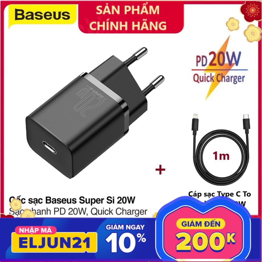 Cốc sạc baseus mini 20w super si sạc nhanh dùng cho iphone 12 ipad xiaomi oppo vivo vinsmart huawei đầu ra type-c 2 màu trắng đen abshop365 hshop365hn hshop365 abshop hshop
