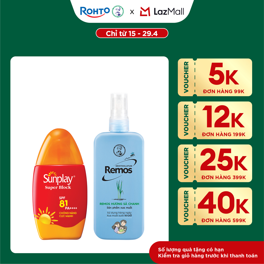 [VB] Combo sản phẩm chống nắng ngừa muỗi cho gia đình: Kem  chống nắng cực mạnh Sunplay Super Block 30g   Xịt chống muỗi hương Sả chanh Remos 150ml