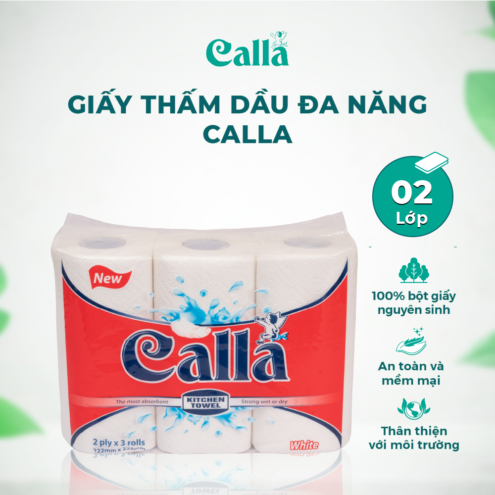 Khăn giấy lau bếp Calla 2 lớp x 200 tờ x 3 cuộn siêu dày dai, không mủn, thấm dầu mỡ, nước siêu tốt