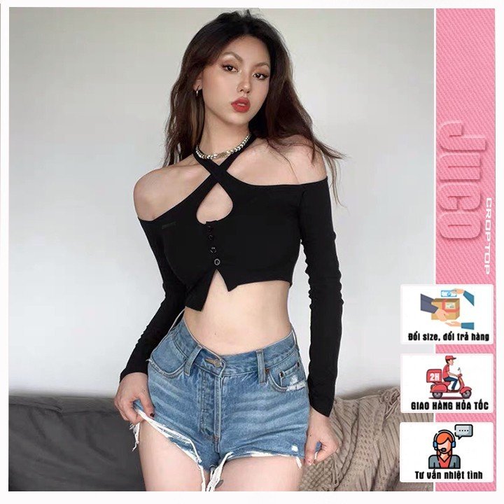 Áo croptop tay dài JUCO kiểu hở vai, croptop tay dài trễ vai, áo kiểu nữ sang chảnh