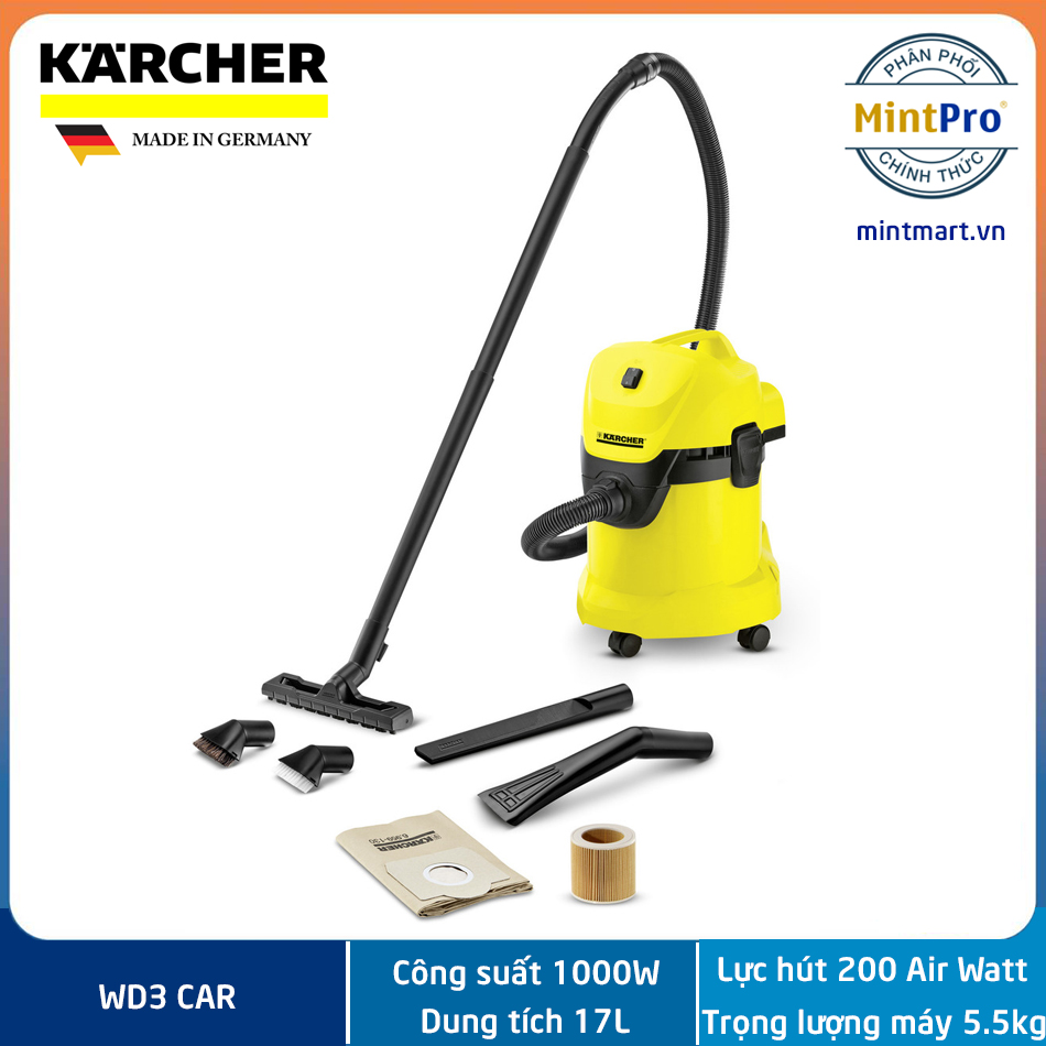 Máy hút bụi khô & ướt Karcher WD 3 Car - Dung tích 17L - Kèm phụ kiện vệ sinh xe hơi - Công suất mạnh mẽ tiết kiệm điện - Bảo hành chính hãng 12 tháng - Sản xuất tại Romania