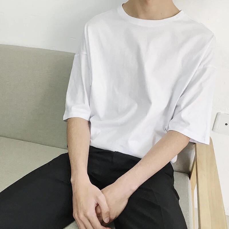 Áo thun trơn tay lỡ nam nữ Unisex cổ tròn màu trắng - Cotton Thái