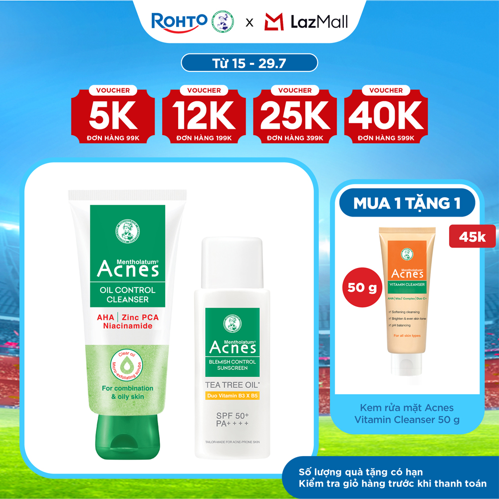 [VB] Bộ đôi sạch sâu - bảo vệ da, ngừa mụn Acnes (Sữa rửa mặt Acnes Oil Control Cleanser 100mL + Kem chống nắng Acnes Blemish Control Sunscreen 50mL)
