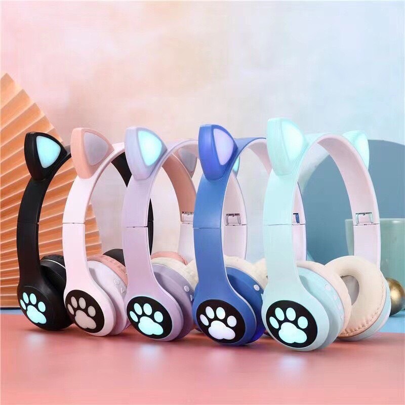 Tai nghe chụp tai bluetooth không dây tai mèo đáng yêu có đèn led 23m full box.