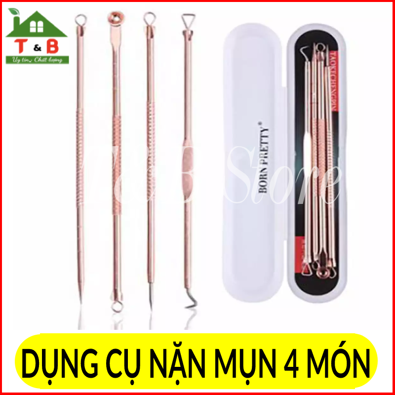 Bộ dụng cụ nặn mụn 4 cây chuyên nghiệp , cây nặn mụn 2 đầu thép cao cấp không gỉ