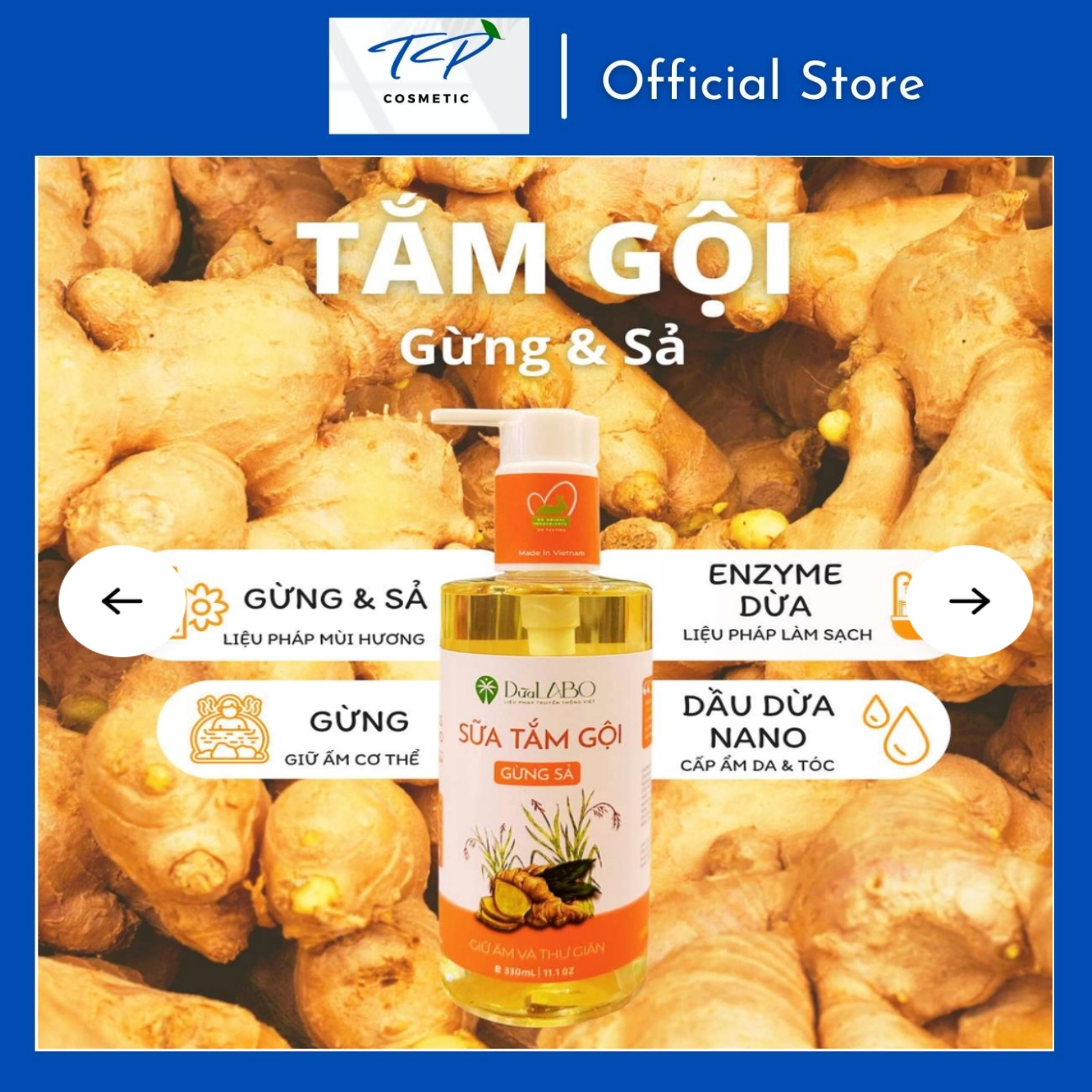 Sữa tắm gội gừng & sả - 2 in 1 - sữa tắm gội dược liệu dừa labo - sữa tắm gội thiên nhiên - giữ ấm cơ thể