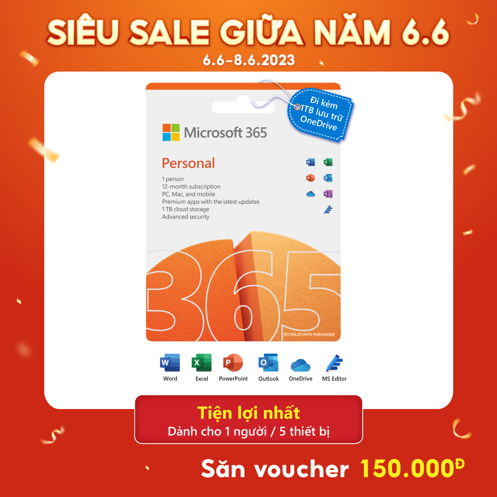 Phần mềm Microsoft 365 Personal 12 tháng Dành cho 1 người 5 thiết bị/người Trọn bộ ứng dụng Office 1TB lưu trữ OneDrive