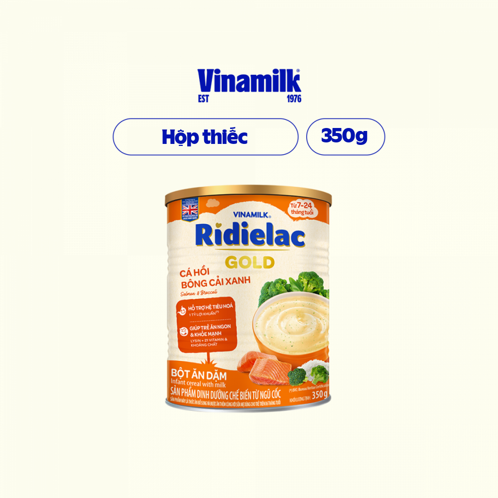 4 Hộp Bột Ăn Dặm Ridielac Gold Cá Hồi Bông Cải Xanh - Hộp Thiếc 350g