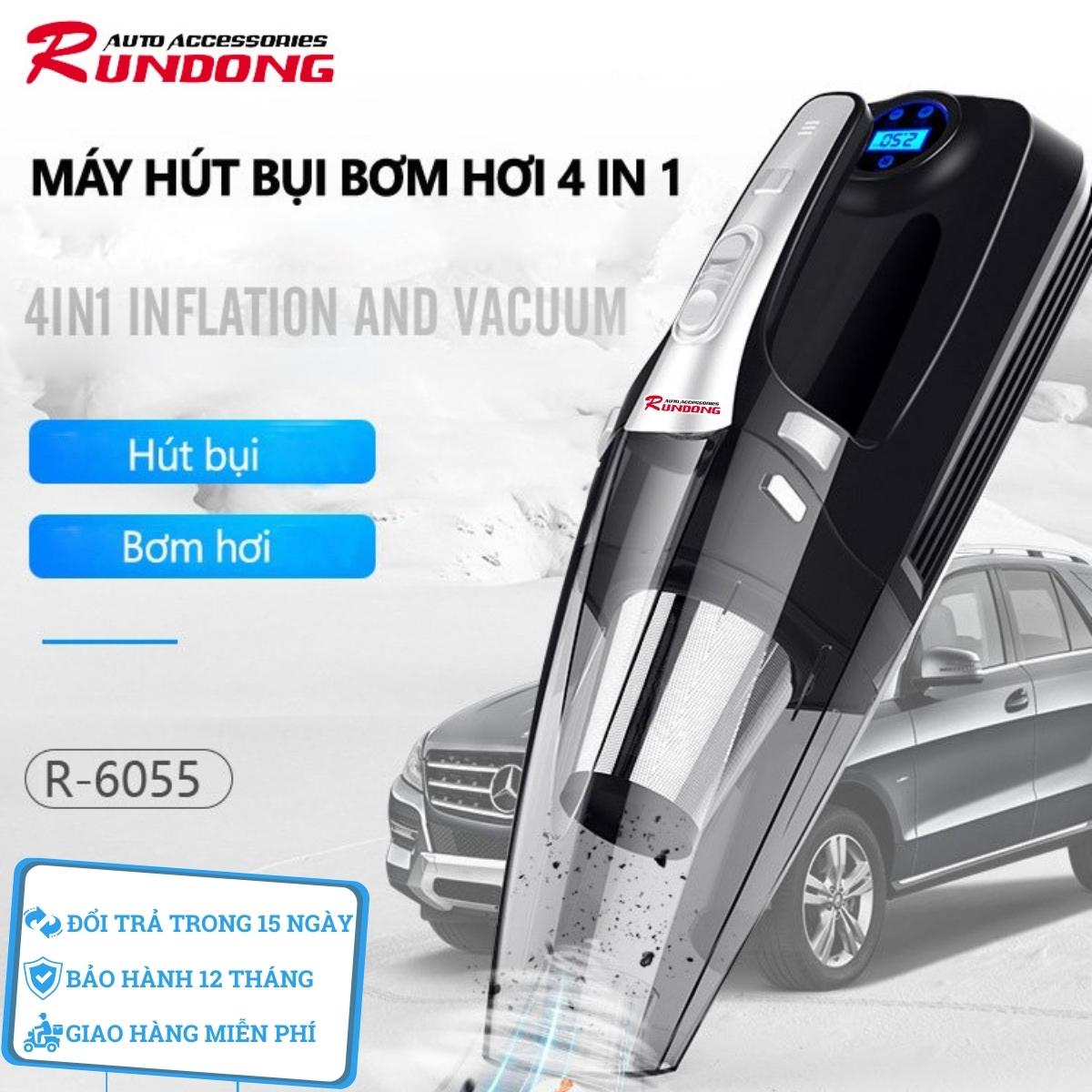 Máy hút bụi kiêm bơm lốp ô tô RUNDONG R-6055 đa năng| Công suất 120W, 4 in 1 (Hút bụi, bơm lốp, đo áp suất lốp, Led chiếu sáng), khỏe dễ sử dụng