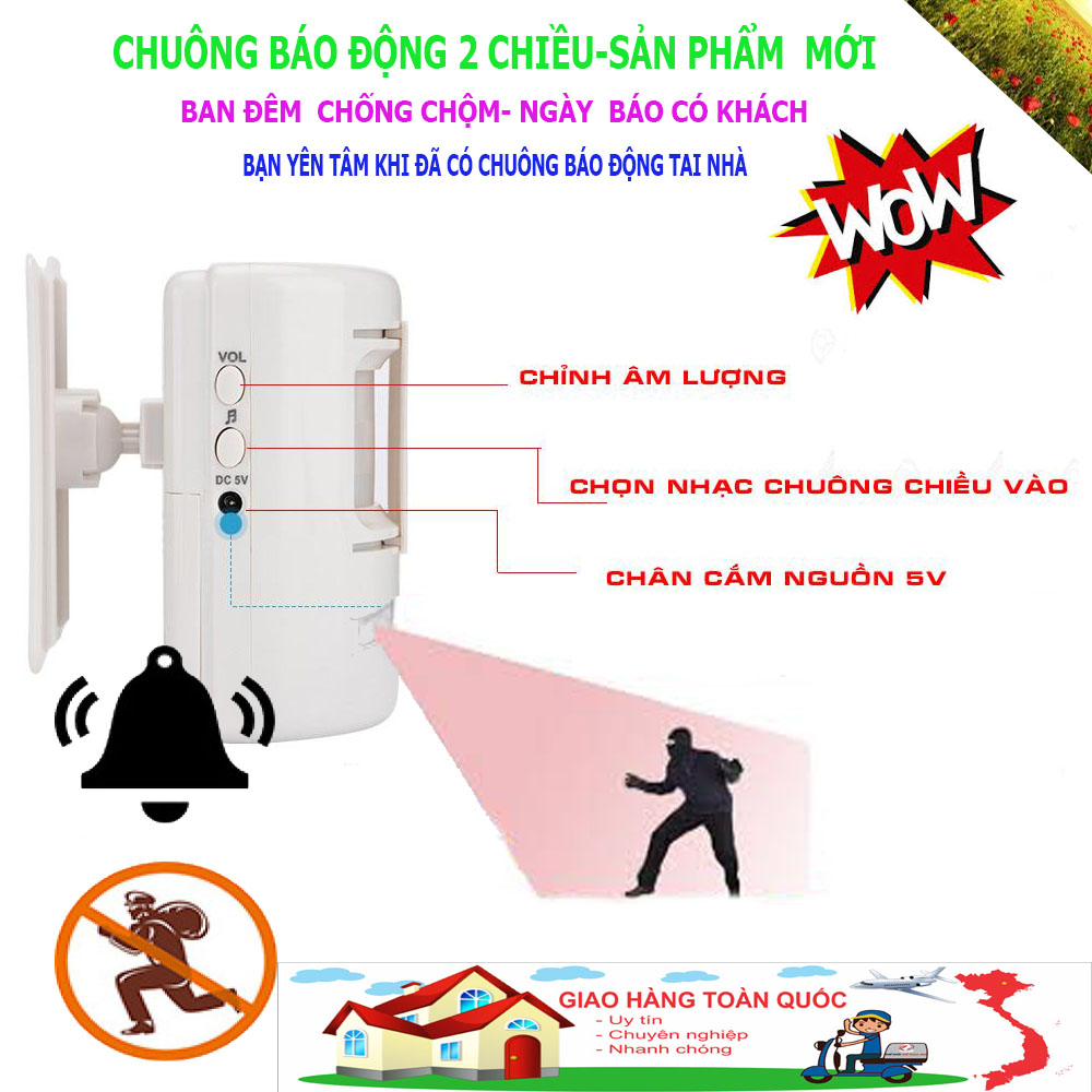 Chuông Báo Động, Chuông Báo Trộm, Chuông Chống Trộm Cảm Ứng. Công nghệ cảm biến chuyển động 2 chiều . Đế xoay 360 độ điều chỉnh hướng góc quét; hoạt động chính xác, đa dạng chức năng. bảo hành 1 đổi 1