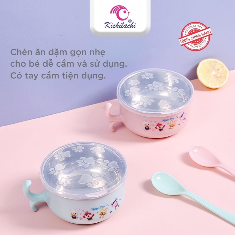 Bát ăn dặm inox giữ nhiệt có nắp kèm thìa ăn dặm cho bé-Bát inox KICHILACHI