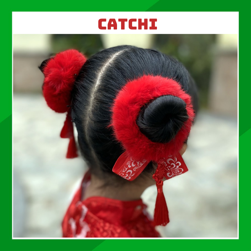 Cột tóc tết lông đỏ may mắn siu xinh cho bé Catchi