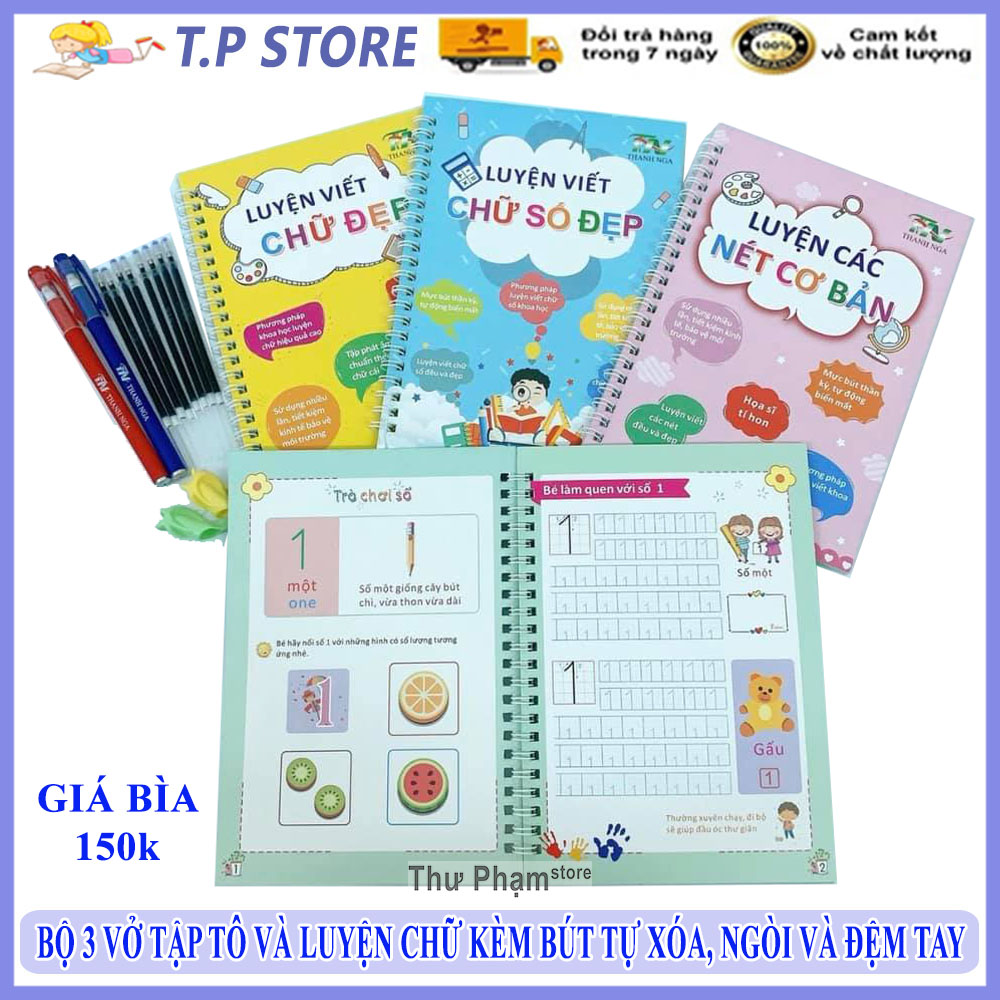 Bộ 3 Sách Tập Luyện Chữ Đẹp Tiếng Việt Cho Bé Kèm 2 Bút Tự Xóa, 8 Ngòi Mực, 2 Đệm Tay - Tập Viết Chữ và Số Cho Trẻ Em - Sử Dụng được Nhiều Lần