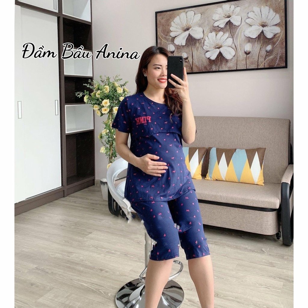 Bộ đồ bầu lửng pink lật ti chất cotton siêu mặc mặc bầu và sau sinh