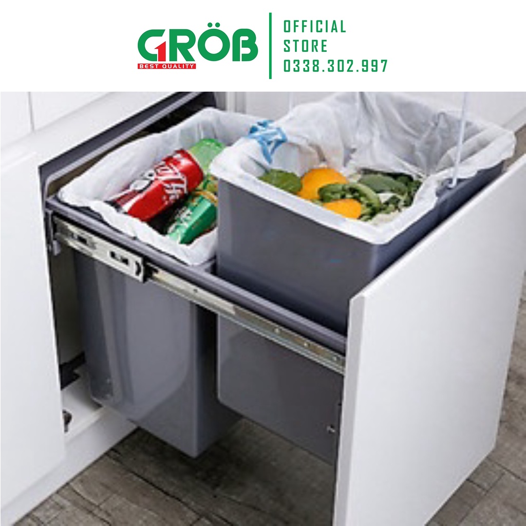 Thùng rác đôi thông minh gắn cánh kèm ray trượt lắp tủ bếp Grob GR-40M dung tích 36L gắn cánh 400mm