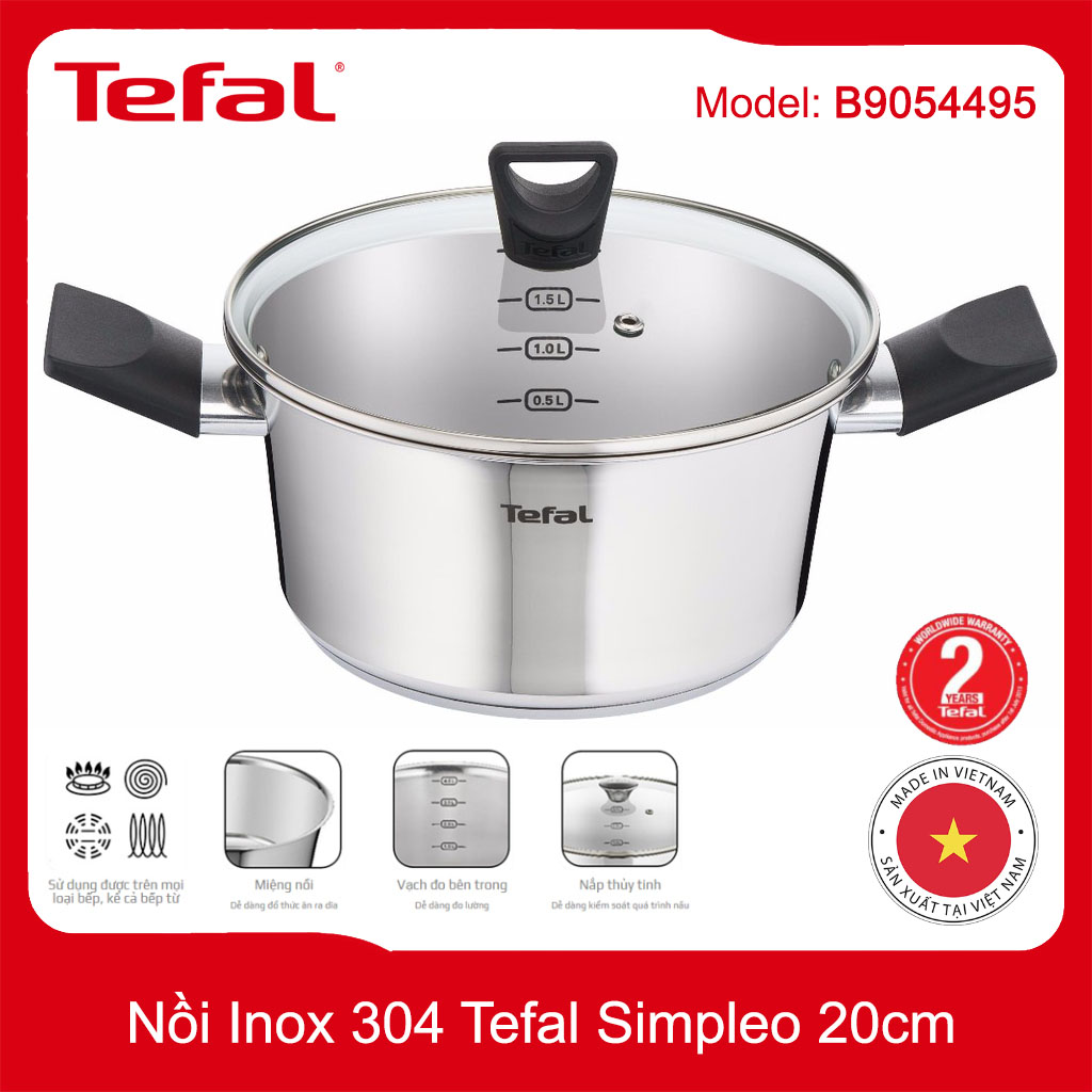 Nồi Inox 304 đường kính 20cm Tefal Simpleo B9054495 bảo hành chính hãng 5 năm, hàng xuất Pháp