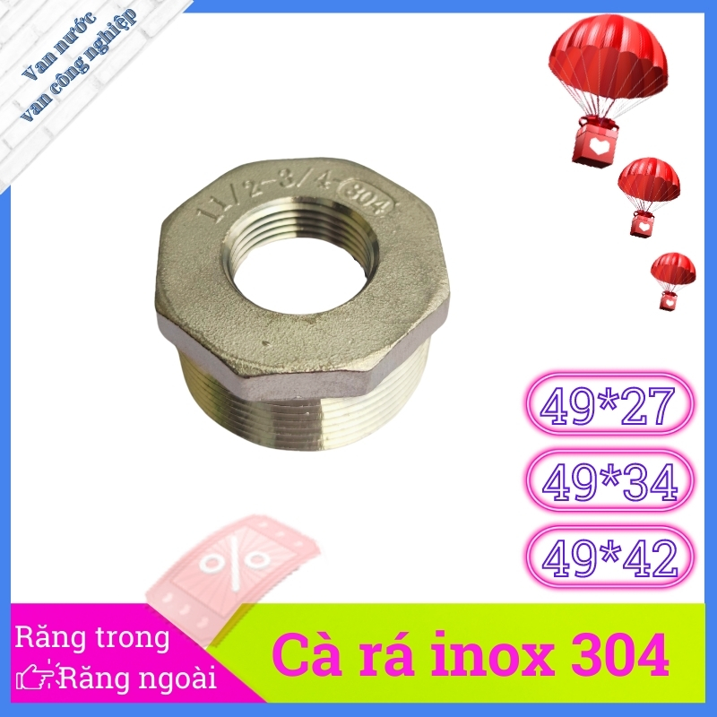 Cà rá inox 304 phi 49, lơ thu inox nối ren trong ren ngoài