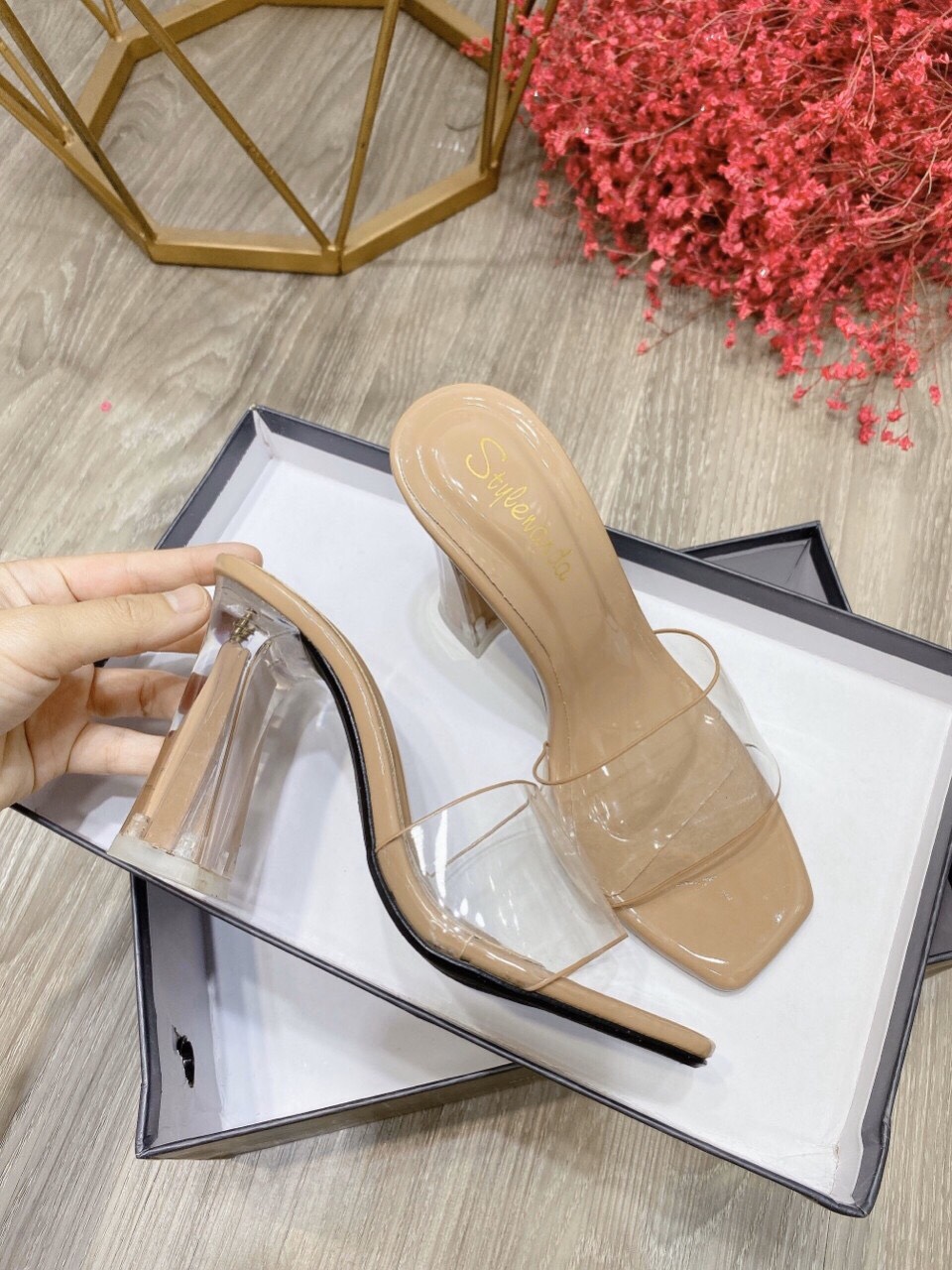 Guốc nữ cao gót quai trong gót vát sơn trong 8cm siêu rẻ, siêu đẹp-528