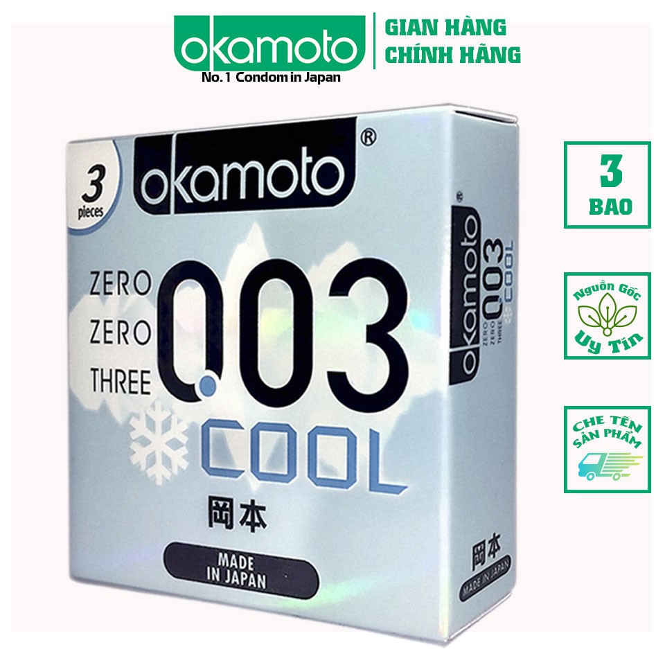 Bao cao su okamoto 0.03 cool siêu mỏng bóng láng mát lạnh hộp 3 cái