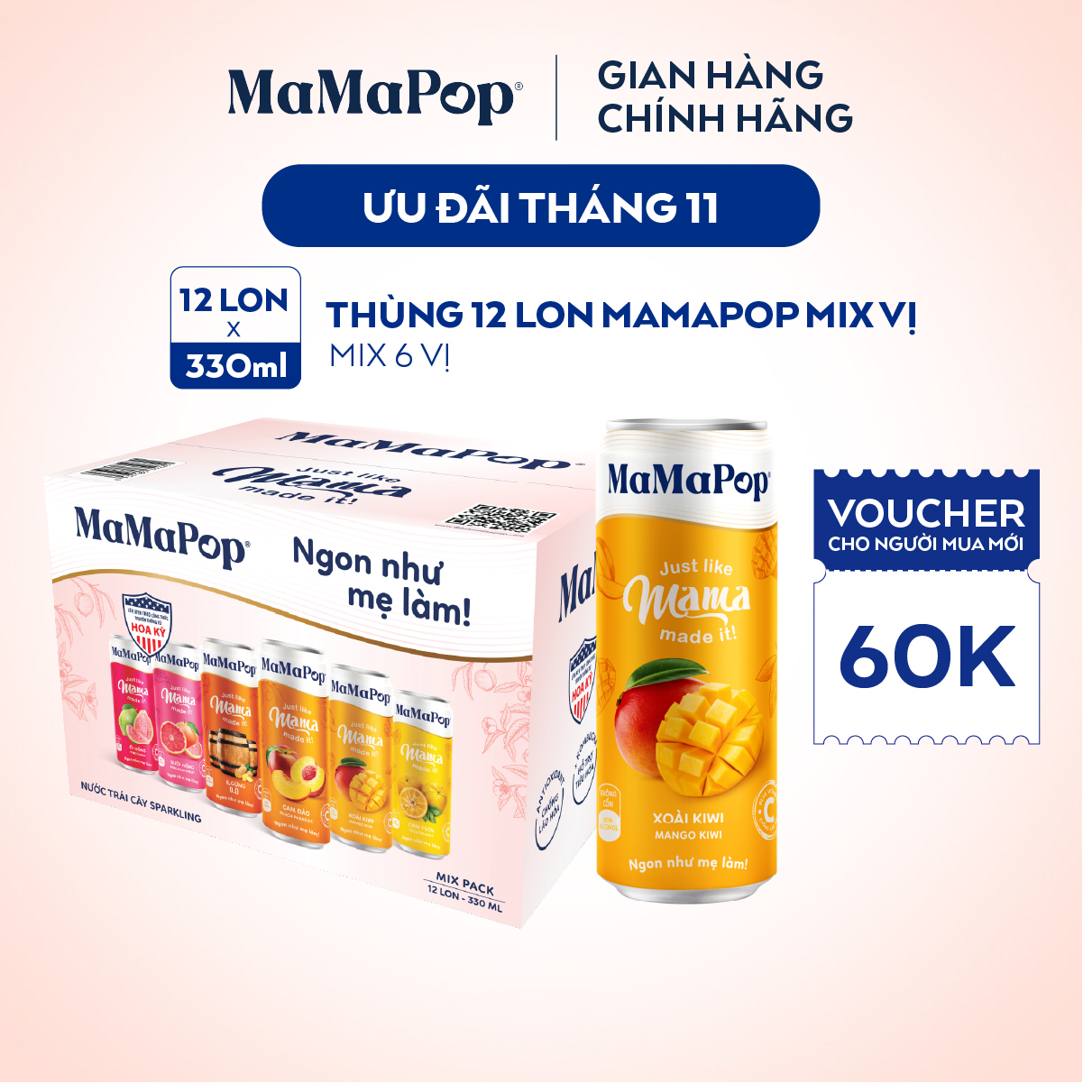 Thùng 12 lon nước trái cây sparkling MaMaPop mix 6 vị (330ml/lon)