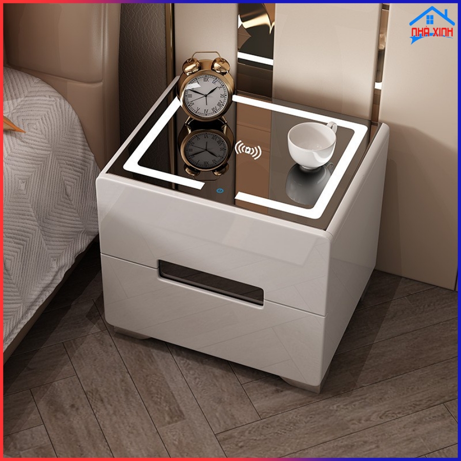 Tủ đầu giường thông minh 2022, Tủ kệ đa năng hiện đại, Tab đầu giường 2 ngăn có sạc điện thoại không dây, có ổ cắm USB, mặt kính sang trọng