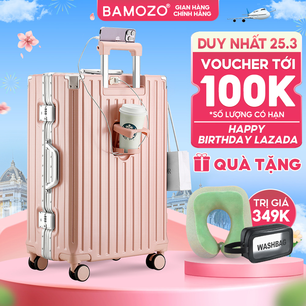 Vali Du Lịch Khung Nhôm Chống Trộm Cao Cấp Bamozo 9066 Size 24 Bịt 4 Góc Chống Va Đập Bảo Hành 5 Năm