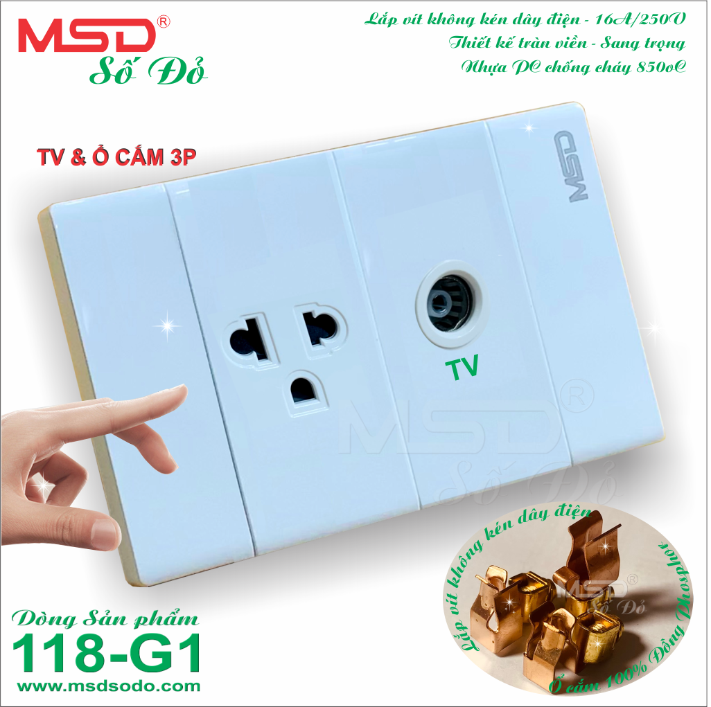 Ổ CẮM  TV ÂM TƯỜNG - RG6/5CFB  + 1 Ổ CẮM ĐIỆN 3 CHẤU 15A/250V