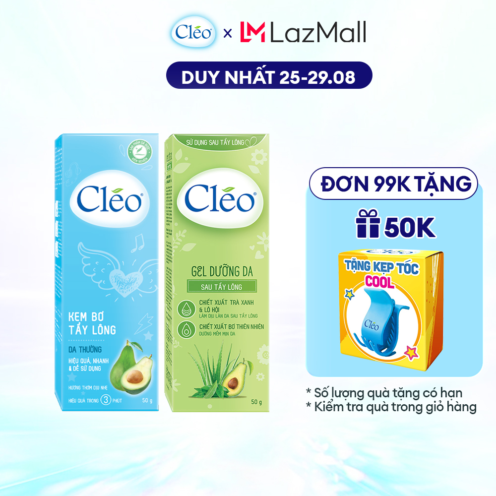 Combo tẩy lông Cléo cho da thường an toàn, hiệu quả 50g và dưỡng da sau tẩy lông làm từ trà xanh 50g