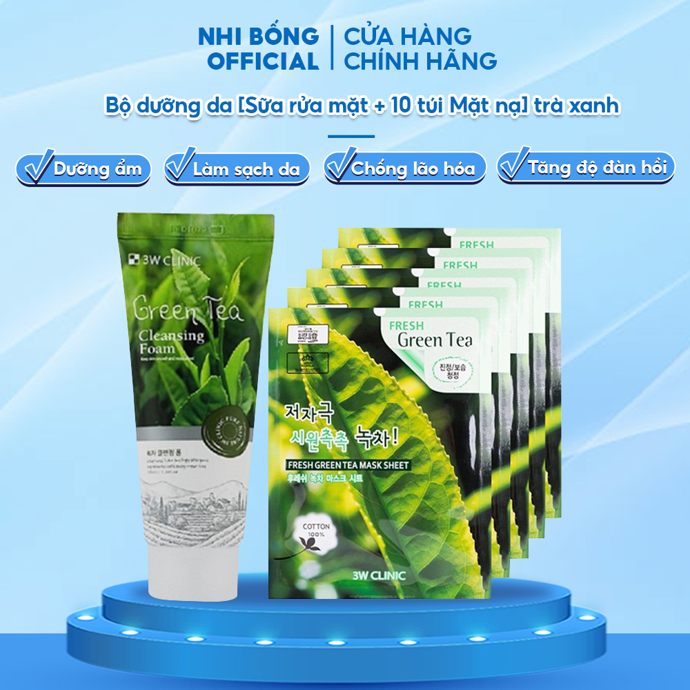 Bộ chăm sóc da 3W Clinic Hàn Quốc chiết xuất Trà Xanh giúp trắng da dưỡng ẩm giảm dầu mụn & mềm mịn da