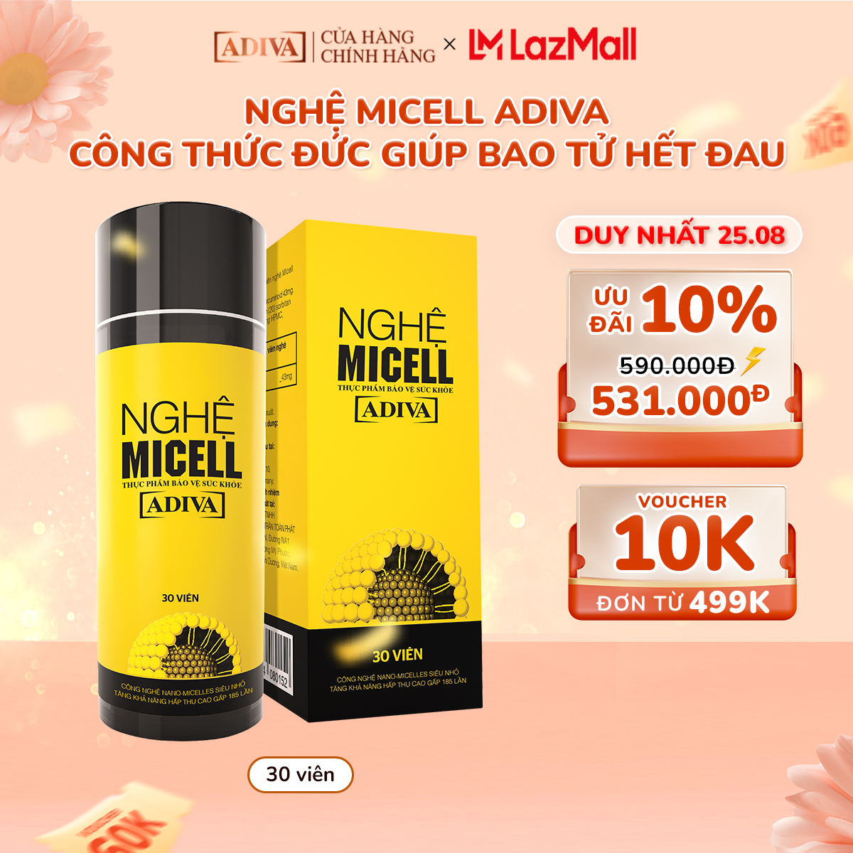 Nghệ Micell ADIVA 30 Viên - Hỗ Trợ Các Vấn Đề Về Đau Bao Tử, Dạ Dày
